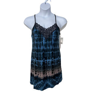 LINEA DONATELLA WOMENS TIE-DYED CHEMISE NIGHTGOWN TURQUOISE BLUE BLACK SMALL